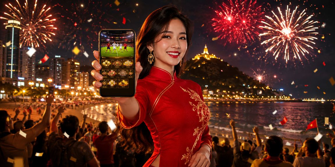 Người dùng đăng nhập casino di động tại bãi biển Vũng Tàu với trang phục áo dài